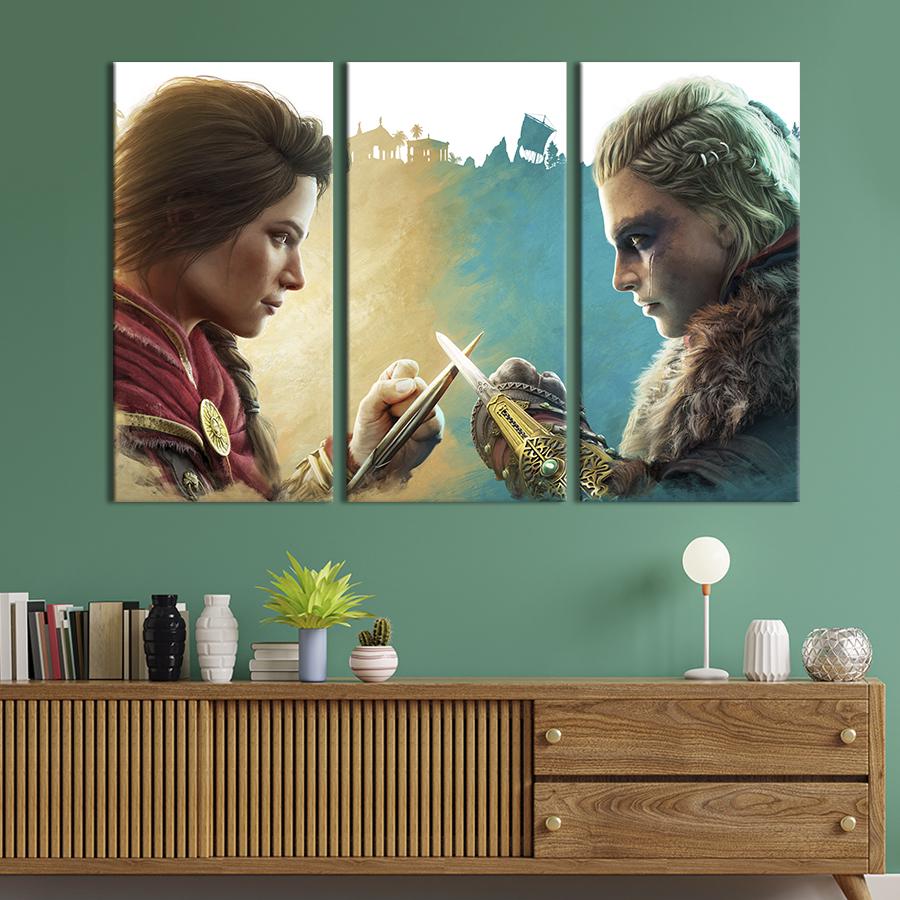 Картина на холсте триптих Assassin's Creed Вальгалла и Одиссея 156x100 см (1456-31)