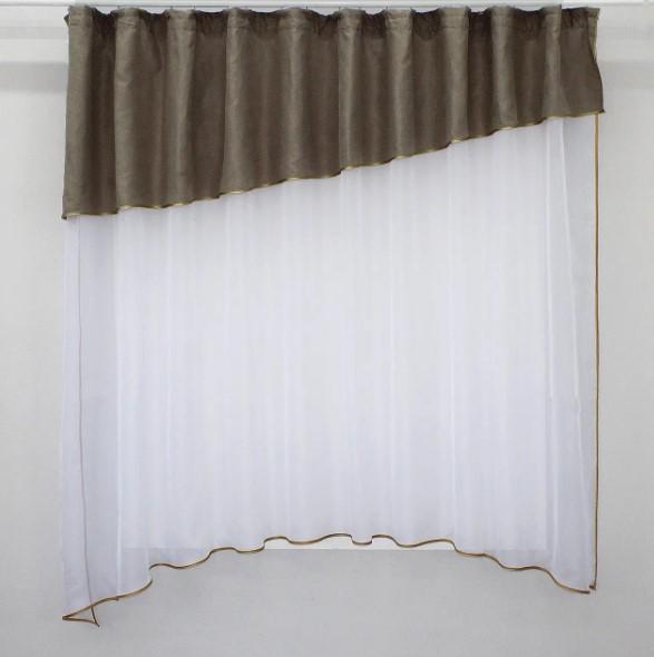 Занавеска кухонная шифон/микровелюр 270х165 см Темно-бежевый/Белый (098к)
