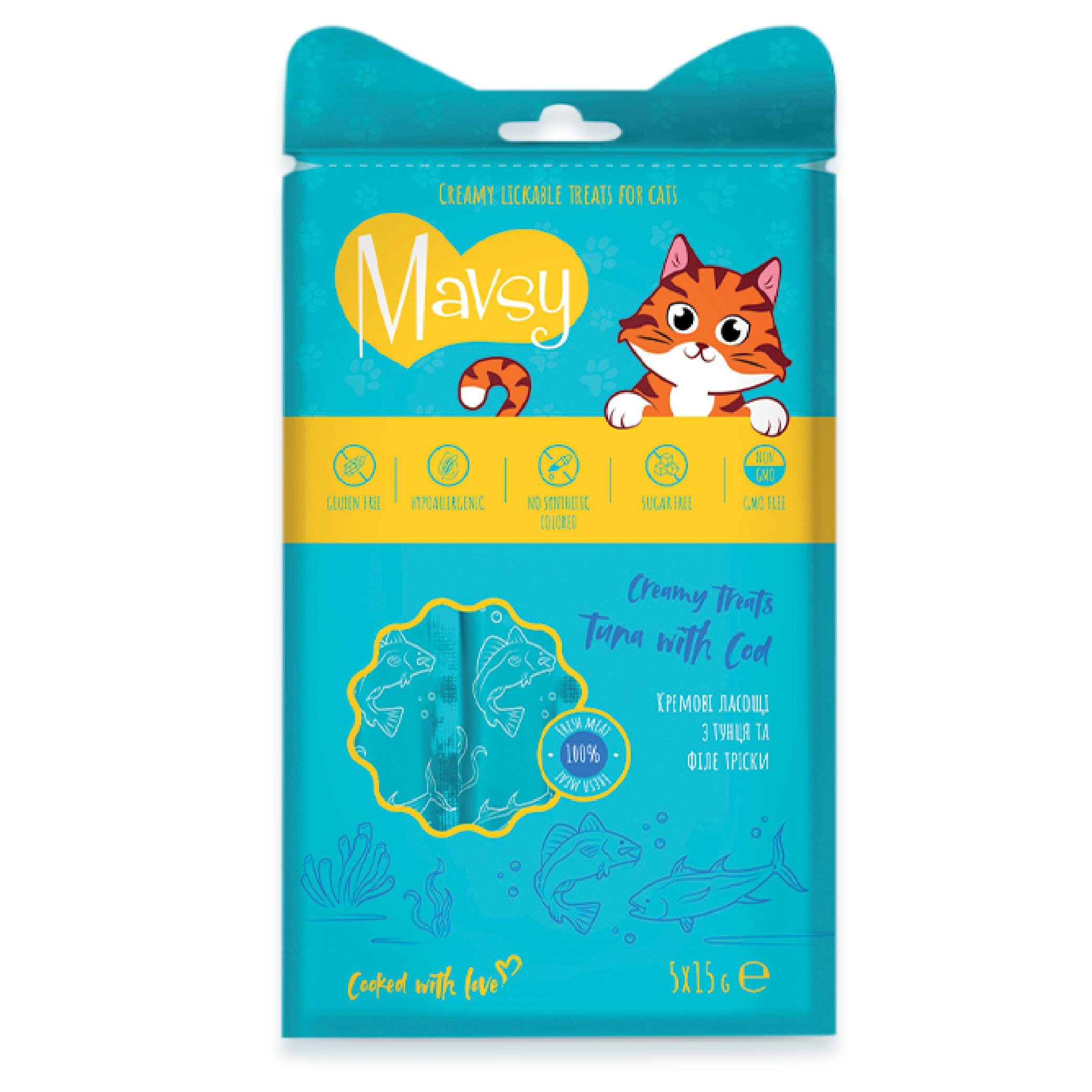 Ласощі для котів Mavsy Creamy lickable treats tuna with cod for cats 5х15 г