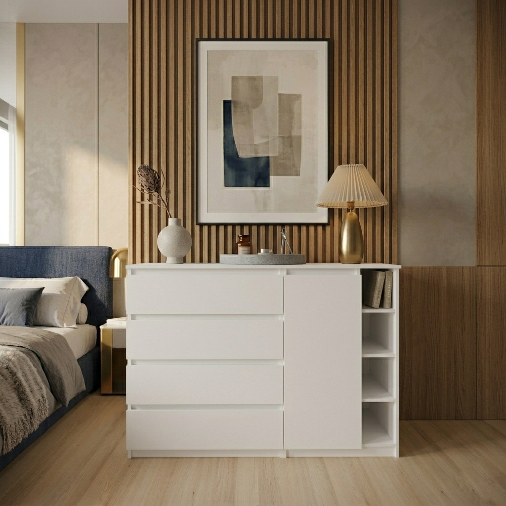 Комод MEBEX на 4 ящика с боковыми полками 140х40х100 см Белый (VERTO4B1400WH)