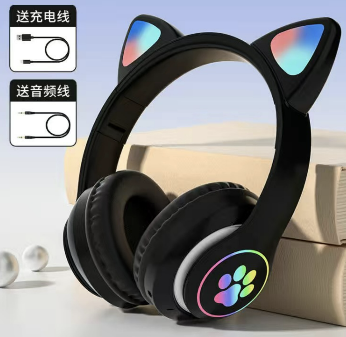 Наушники беспроводные детские SUNROZ Cat JST-28 EarsPows с кошачьими ушками и RGB подсветкой microSD/AUX/Bluetooth Черный - фото 2