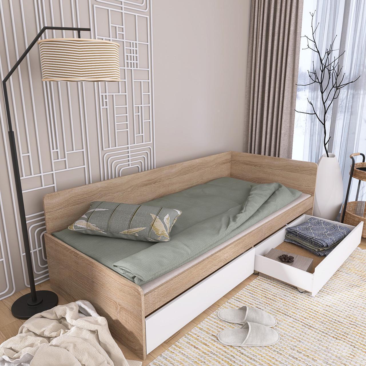 Кровать односпальная Эверест 800 сплошной щит с 2 ящиками Дуб сонома/Белый (е-20739.03)