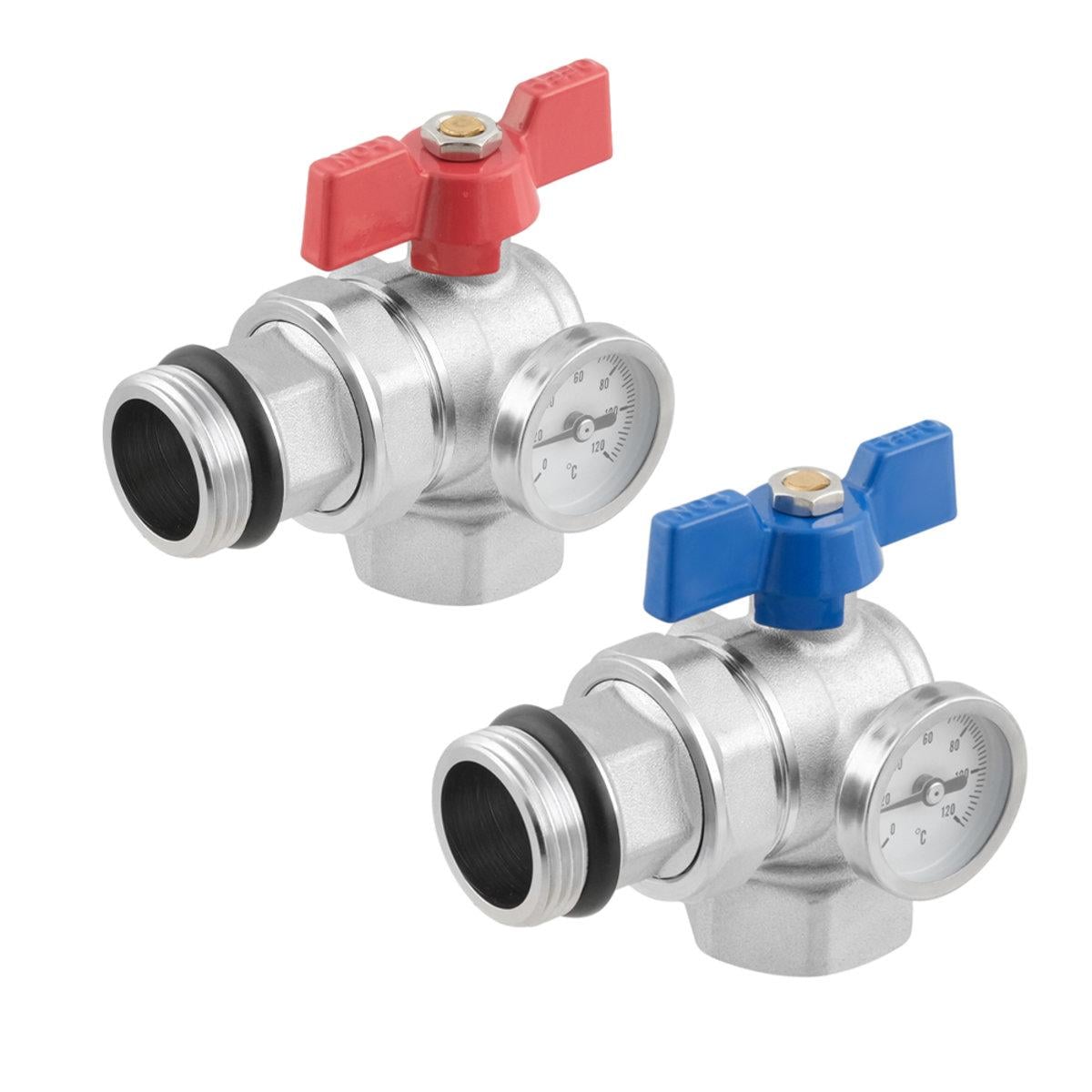 Комплект кранов шаровых Raftec угловой с американкой ВЗ 1" с термометром RKMAV03 (SW-98615) Комплект кранов шаровых Raftec угловой с американкой ВЗ 1" с термометром RKMAV03 (SW-98615)