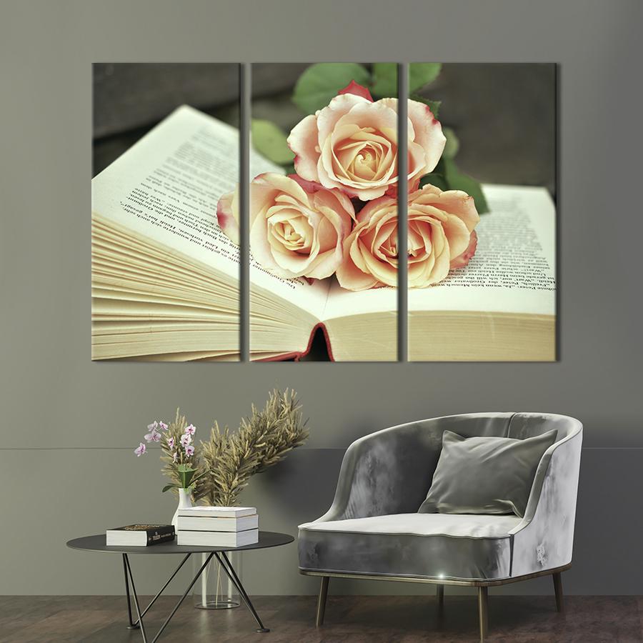 Картина на холсте триптих Бежевые розы и книга 78x48 см (946-31)
