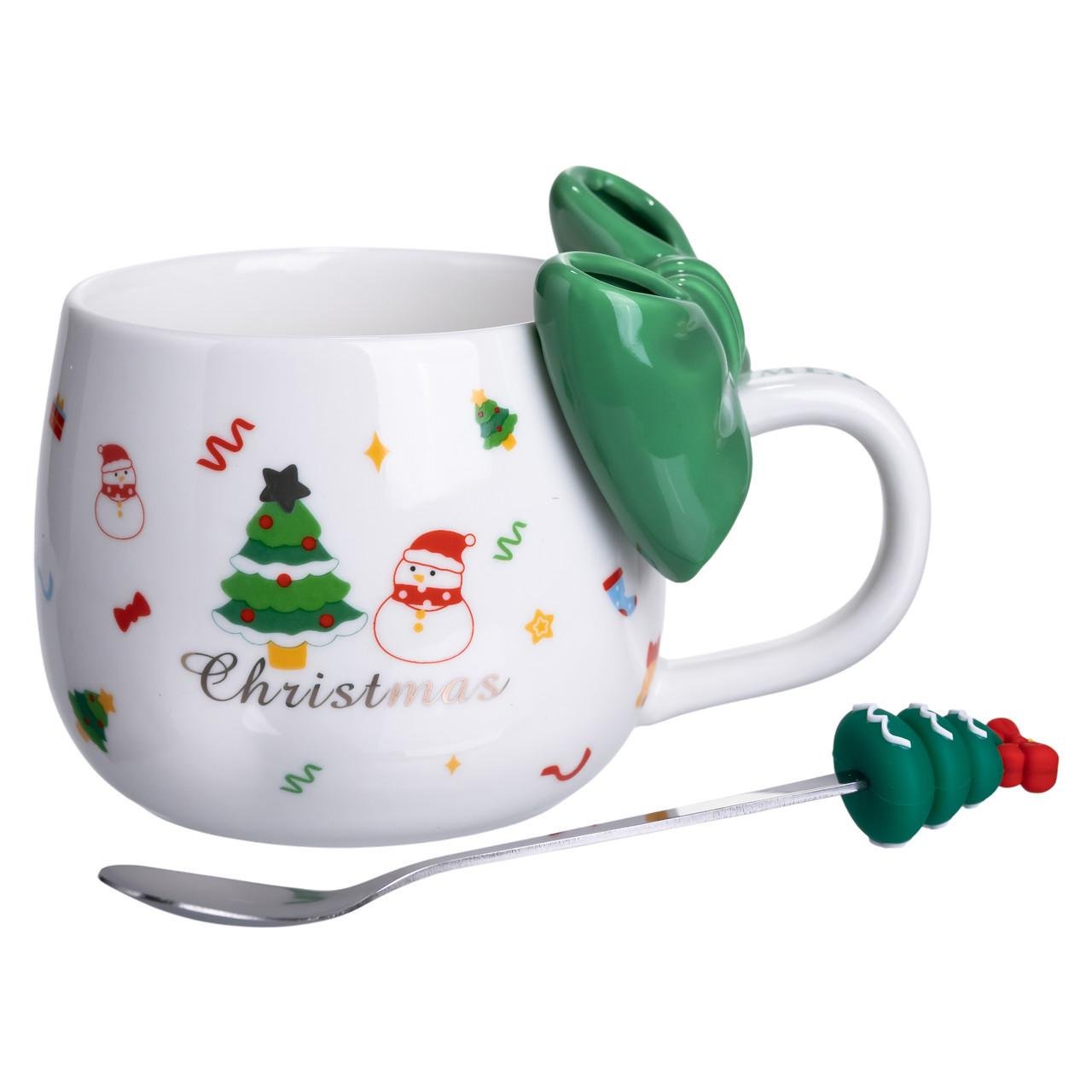 Чашка порцелянова Christmas Ribbon з ложкою 400 мл Зелений (FM-CS-19B) - фото 3