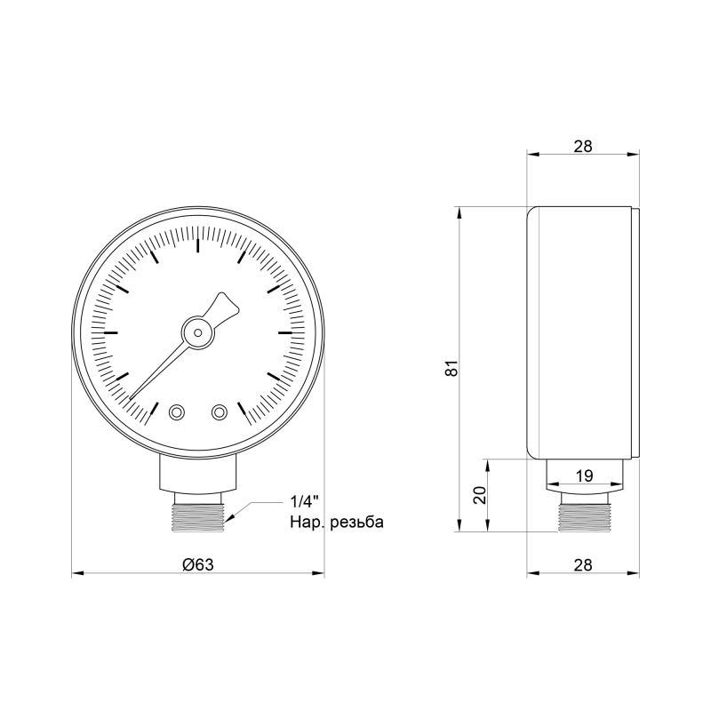 Манометр Icma нижнее подключение 63 мм 0-10 бар 1/4 "с № 244 (VRM00006089) - фото 2