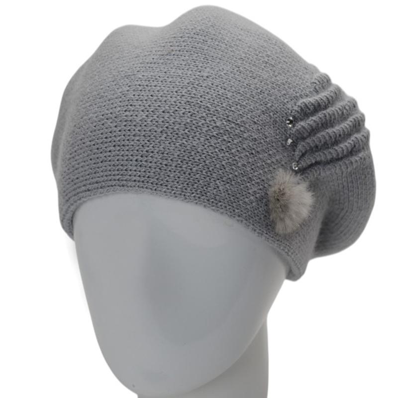 Берет женский двойной Lirus Ванеса с узором и стразами Серо-голубой