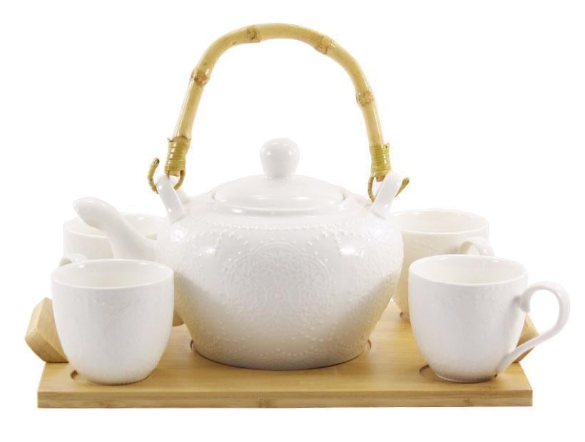 Набор чайный фарфоровый Interos на деревянной подставке 4 чашки 130 мл и заварник 800 мл (02777-А) - фото 1 Набор чайный фарфоровый Interos на деревянной подставке 4 чашки 130 мл и заварник 800 мл (02777-А) - фото 1
