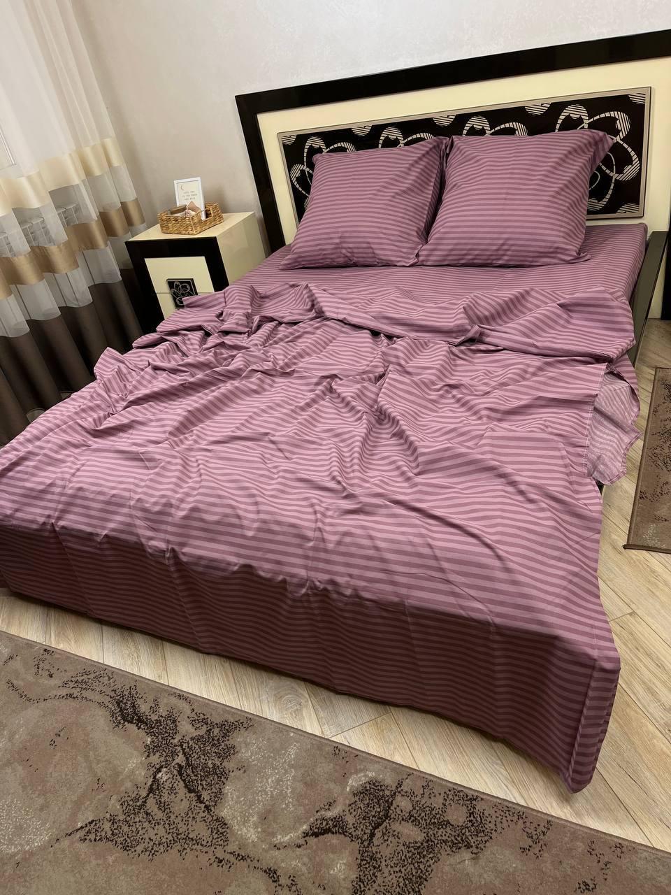 Комплект постельного белья в полоску хлопковый евро 200х220/70х70 см Сливовый (14824650) - фото 3