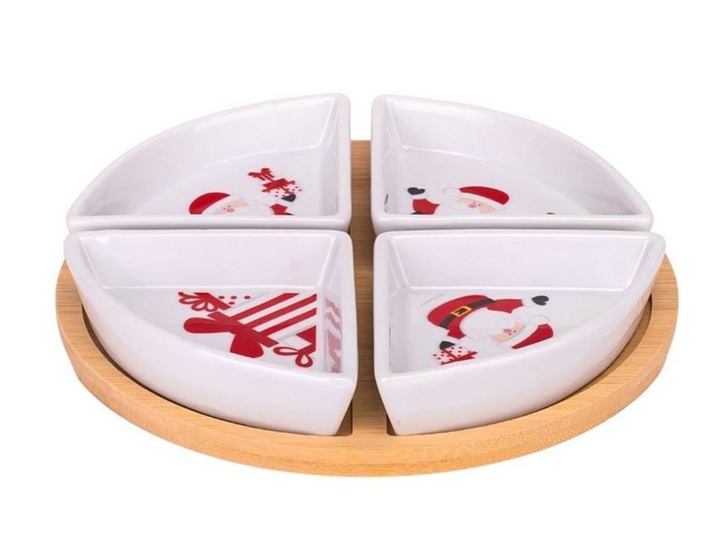 Набор пиал на бамбуковой подставке Заботливый Санта из керамики 21,5 см Белый (150-81-6020-007)