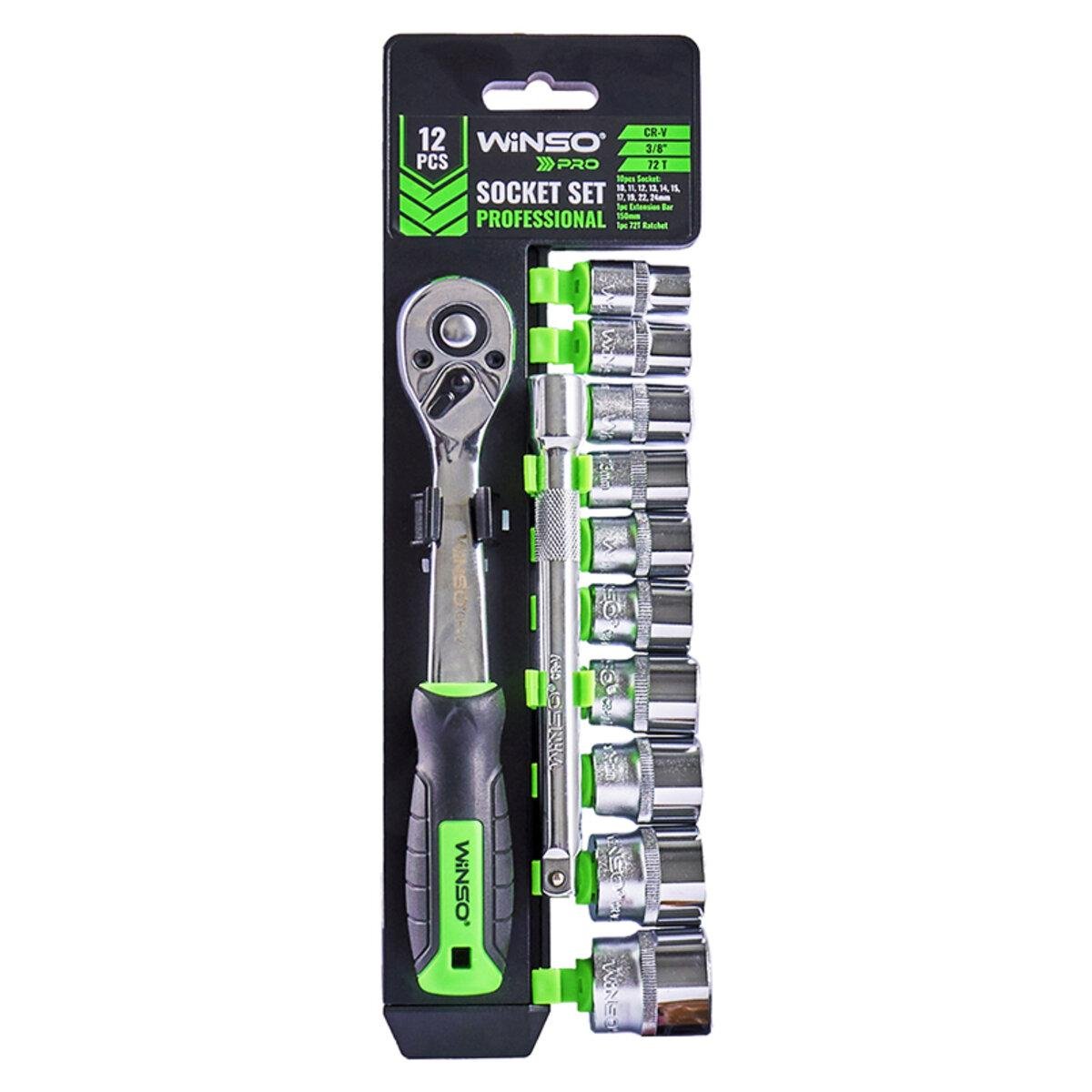Набір головок торцевих з тріскачкою та подовжувачем Winso Pro 12 шт. CR-V 3/8" 72 Т 10-24 мм