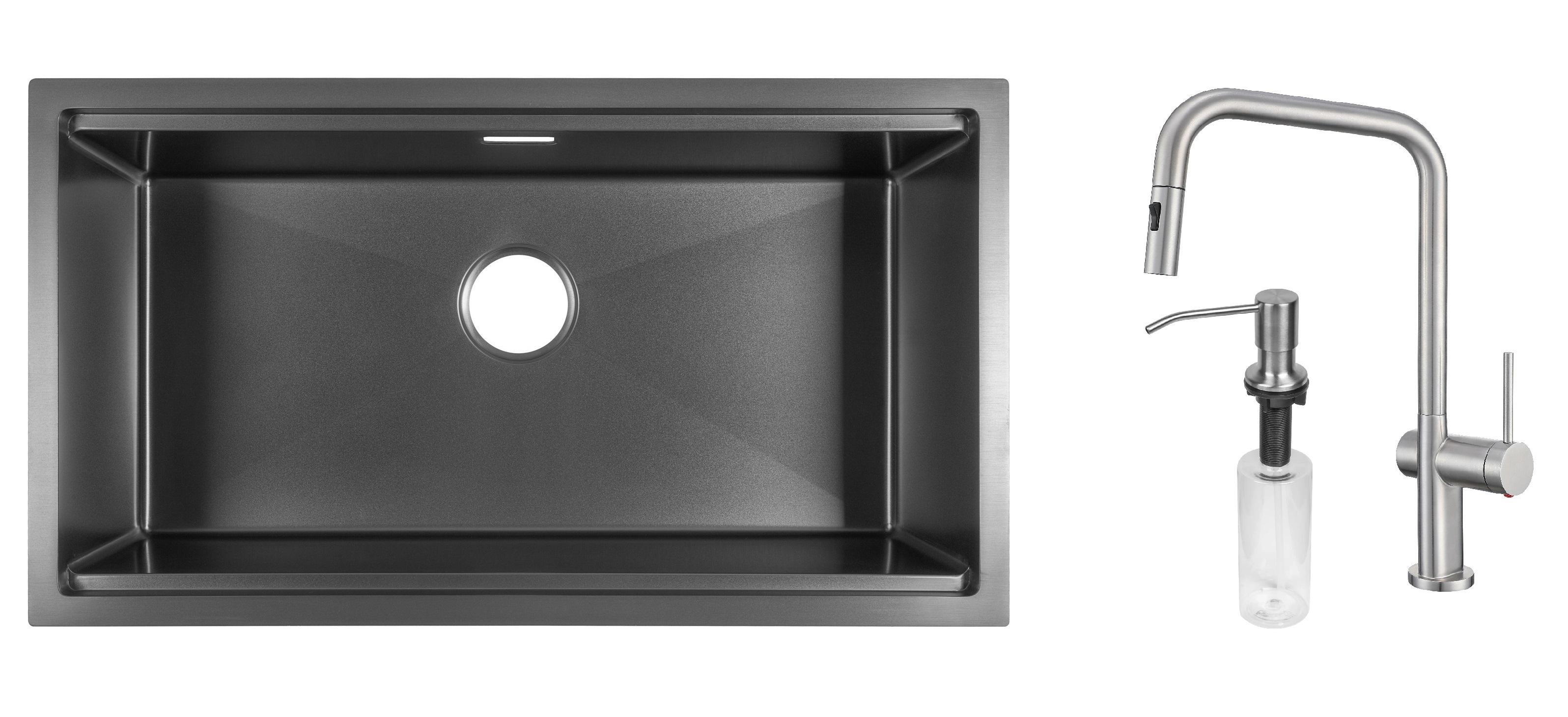 Комплект из кухонной мойки Gunter&Hauer Federbach 8022 Black кухонного смесителя Gunter&Hauer BRUNNEN Br и дозатора Gunter&Hauer Soap Dispenser Inox