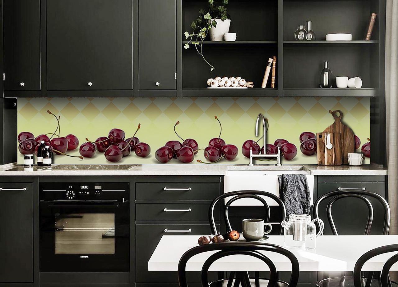 Кухонный фартук Сочные черешни вишни из самоклеющейся виниловой пленки 60х300 см Желтый