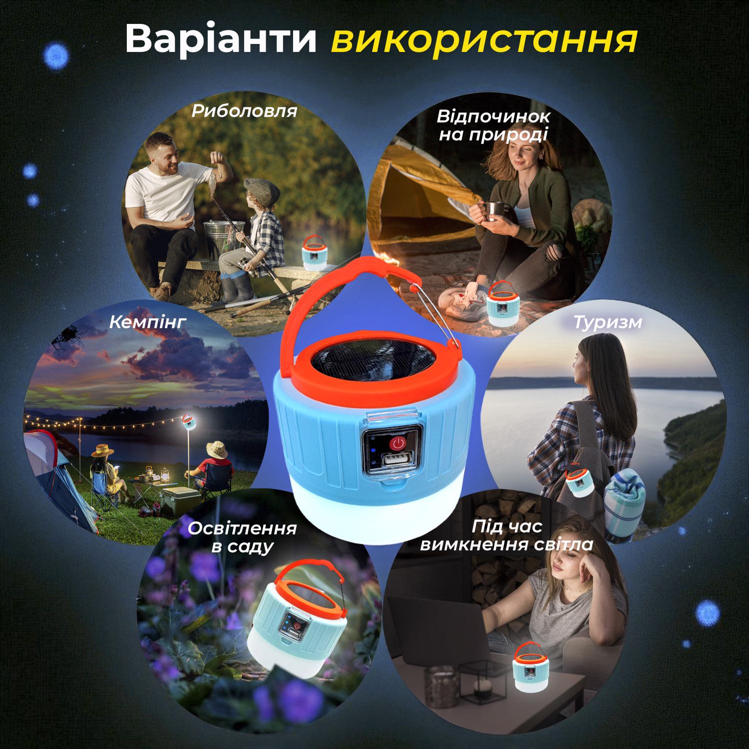 Фонарь кемпинговый с аккумулятором подвесной на солнечной батарее с USB зарядкой Голубой - фото 10
