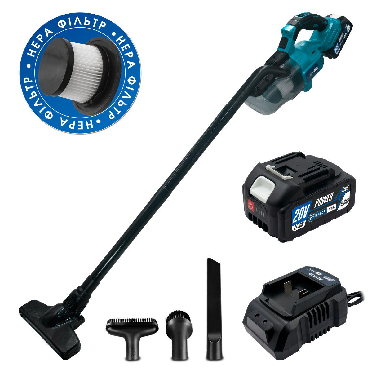 Пилосос акумуляторний PROFI-TEC 20V PHV200BL 8 кПа 600 мл комплект насадок та чохлів на фільтр 2 х PT2040MP 4,0Аг зарядне BC20V коробка (005709) - фото 5 Пилосос акумуляторний PROFI-TEC 20V PHV200BL 8 кПа 600 мл комплект насадок та чохлів на фільтр 2 х PT2040MP 4,0Аг зарядне BC20V коробка (005709) - фото 5