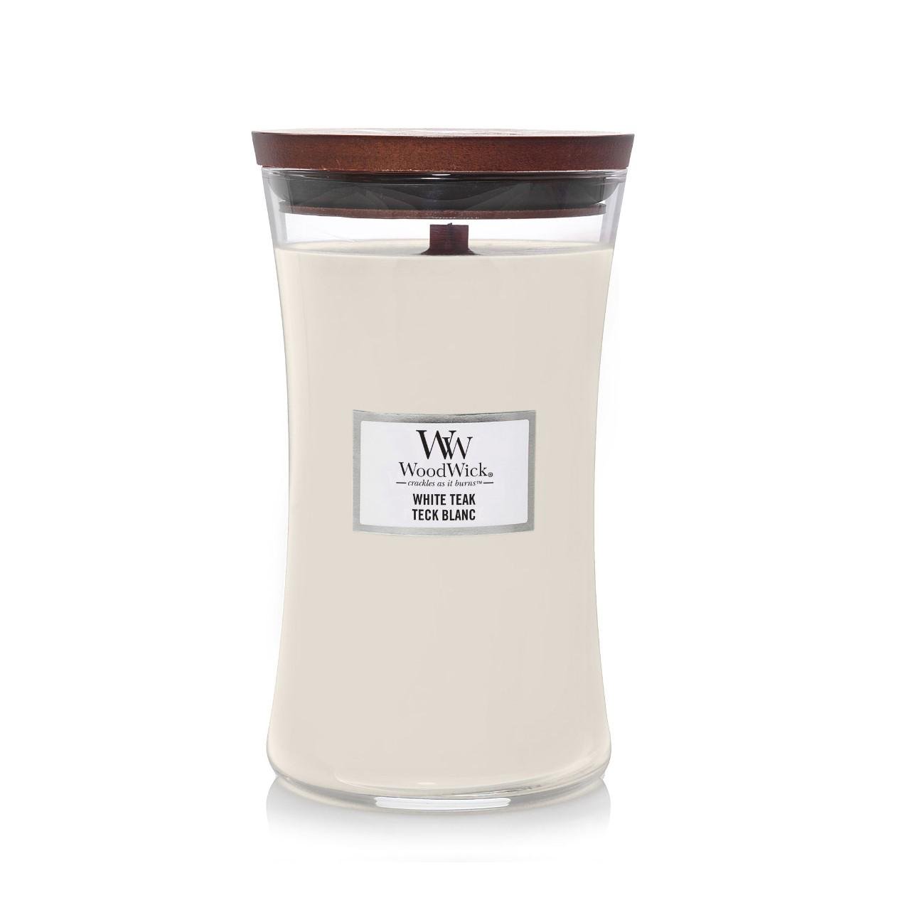 Ароматическая свеча Woodwick Large White Teak с ароматом сандалового дерева и дуба (5038581062136)