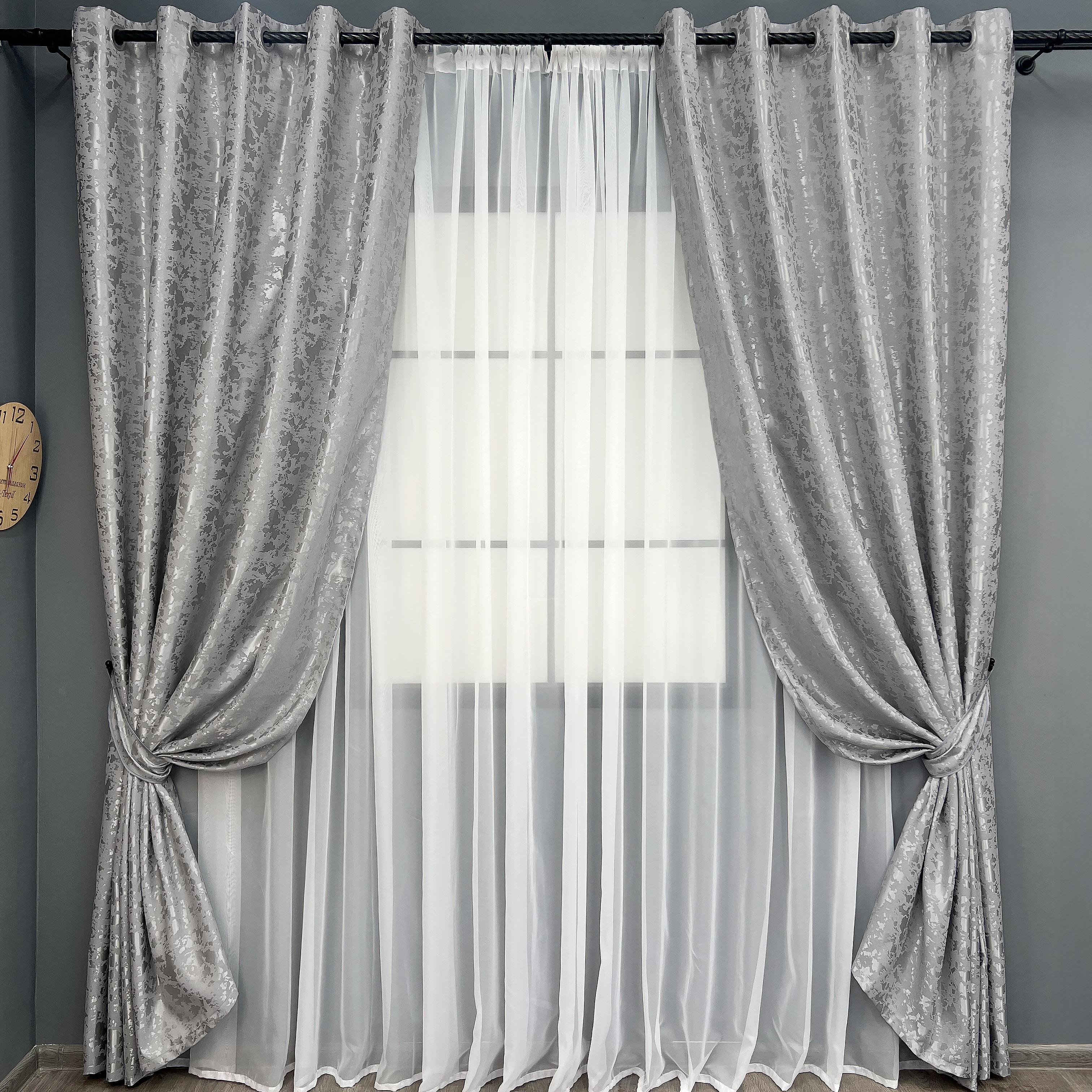 Комплект штор на люверсах VR-Textil Льон мармур Pavliani ХО №1263ш 150х250 см 2 шт. Світло-сірий (37-0316)