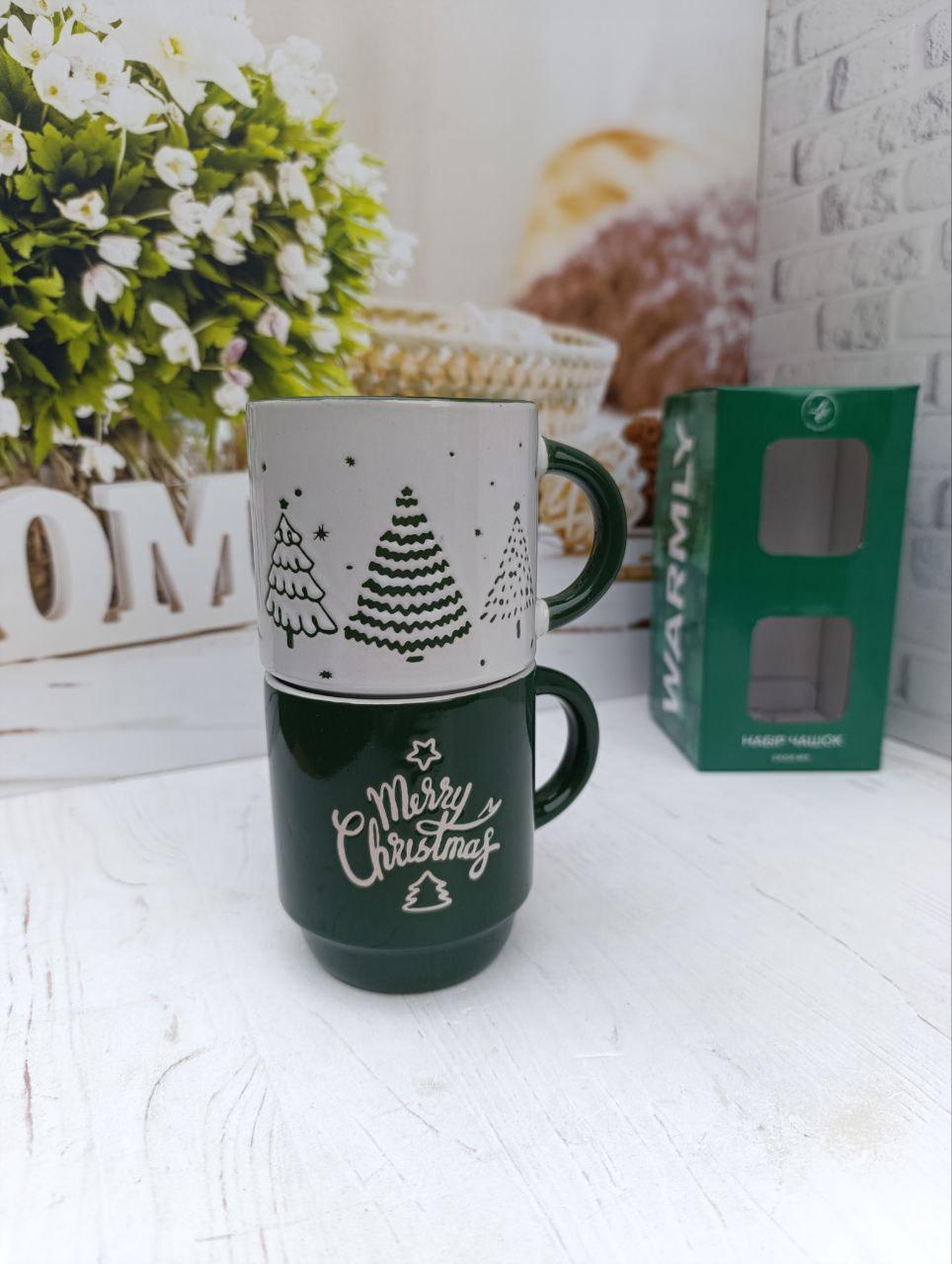 Набір чашок новорічних Limited Edition кераміка 2 шт. 320 мл Білий з зеленим (TRSC-BH5019) - фото 2 Набір чашок новорічних Limited Edition кераміка 2 шт. 320 мл Білий з зеленим (TRSC-BH5019) - фото 2