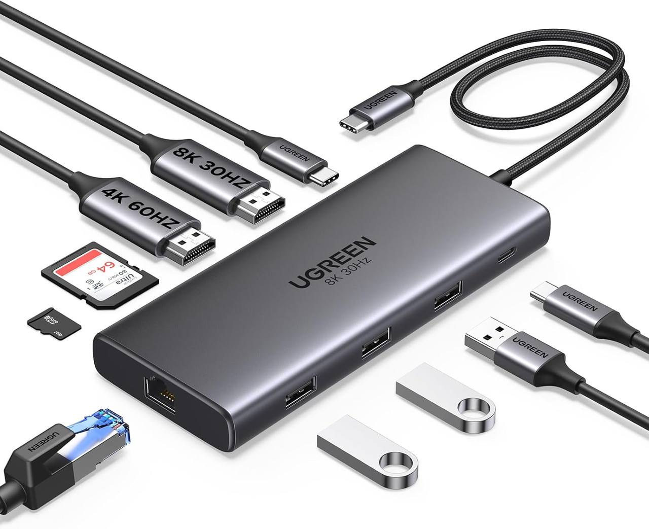 Док-станція UGREEN Revodok Pro 210 USB-C 10в1 Dual HDMI 8K PD 100W Ethernet (3054706930)