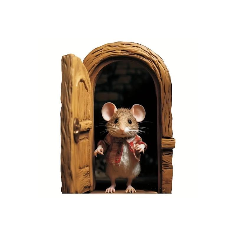 Наклейка декоративная Мышь открывает дверь в нору Серый с цветным (2743174648)