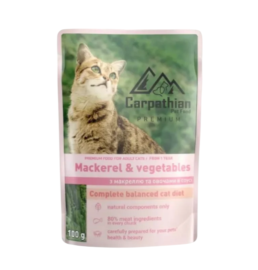 Корм вологий для котів Carpathian Pet Food Mackerel & vegetables з макреллю та овочами в соусі 100 г 24 шт.