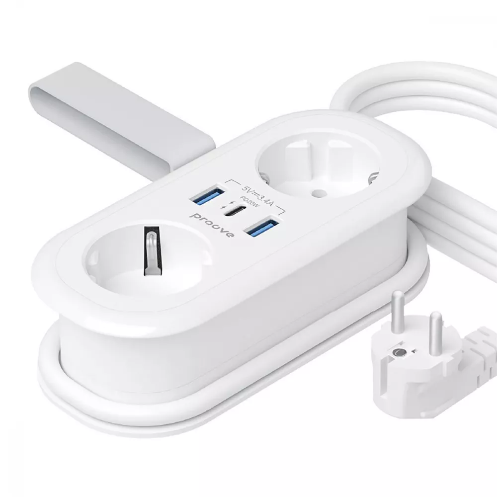 Подовжувач Proove Supercoil 1,5 м AC/3 розетки Type-C/1 порт USB/2 порти 20 Вт White (631536)