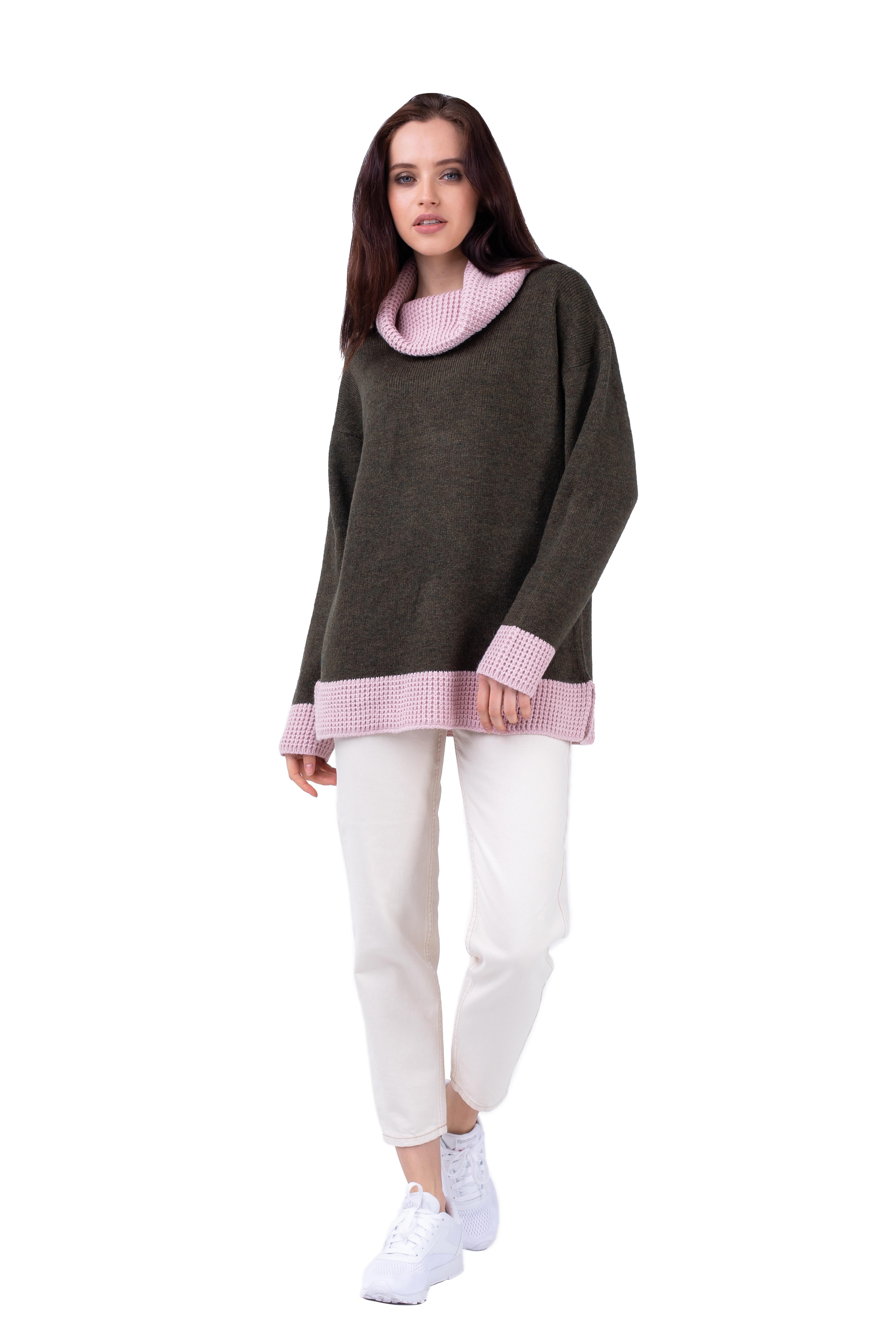 Свитер женский Bakhur свободного кроя S-L Темно-оливковый/Пудровый (3221)