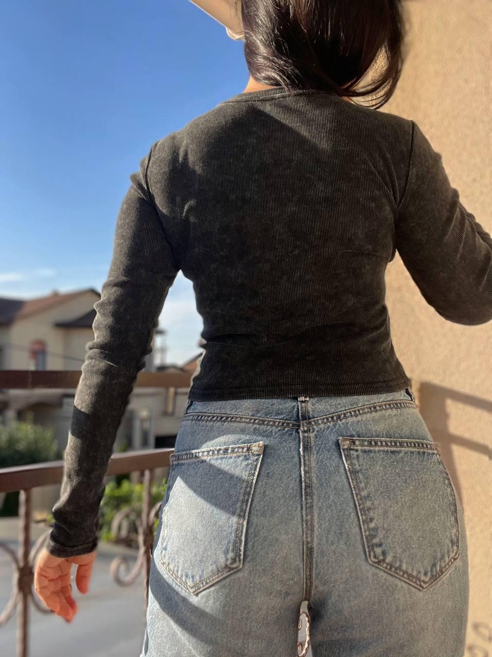 Реглан женский A-N 2747 в рубчик вареный лонгслив OS Черный (2779) - фото 6