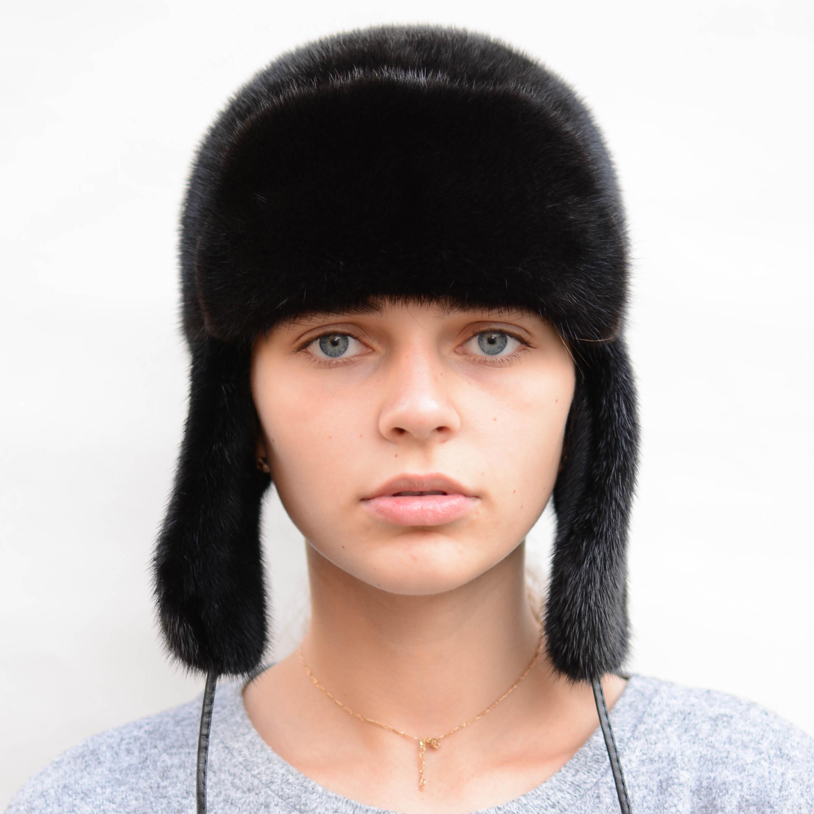 Жіноча зимова норкова шапка Хутряний стиль Вушанка Чорний XL-XXL (007)