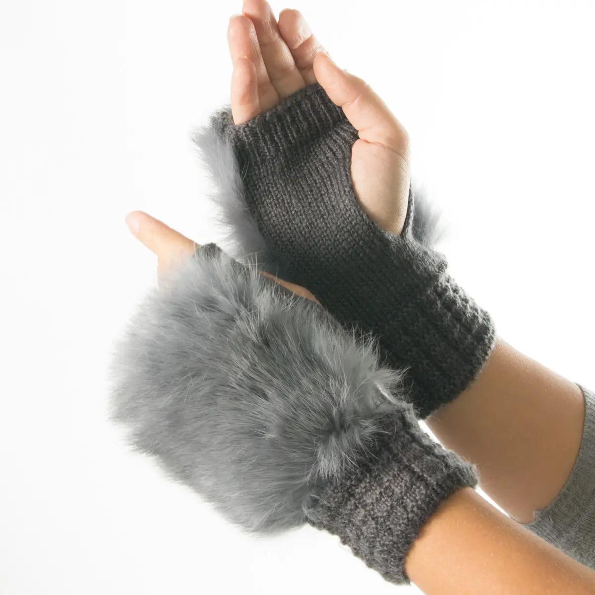 Митенки женские текстильные вязаные с натуральным мехом S (№19-21-4)