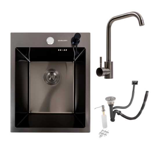 Комплект кухонная мойка и смеситель Valeso PVD Handmade FC-5 40x50 см Черный (29315769)