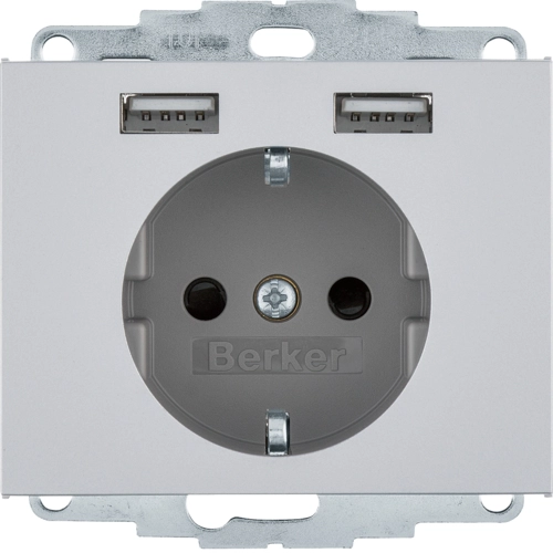 Розетка Berker K.5 с заземлением и 2 USB 2,4A Алюминий (48037003)