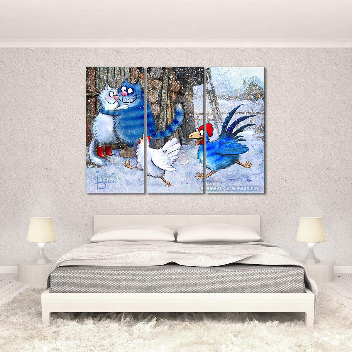 Модульная картина Кот и Петух ухлёстывают за дамами 3 модуля 120x180 см Модульная картина Кот и Петух ухлёстывают за дамами 3 модуля 120x180 см