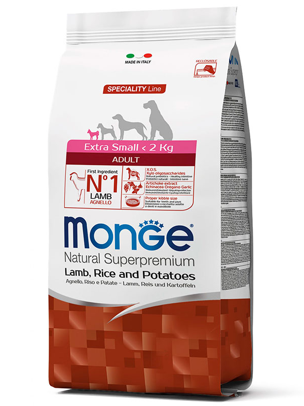 Корм сухий для дорослих собак дрібних порід Monge DOG Extrasmall з ягням/рисом і картоплею 800 г