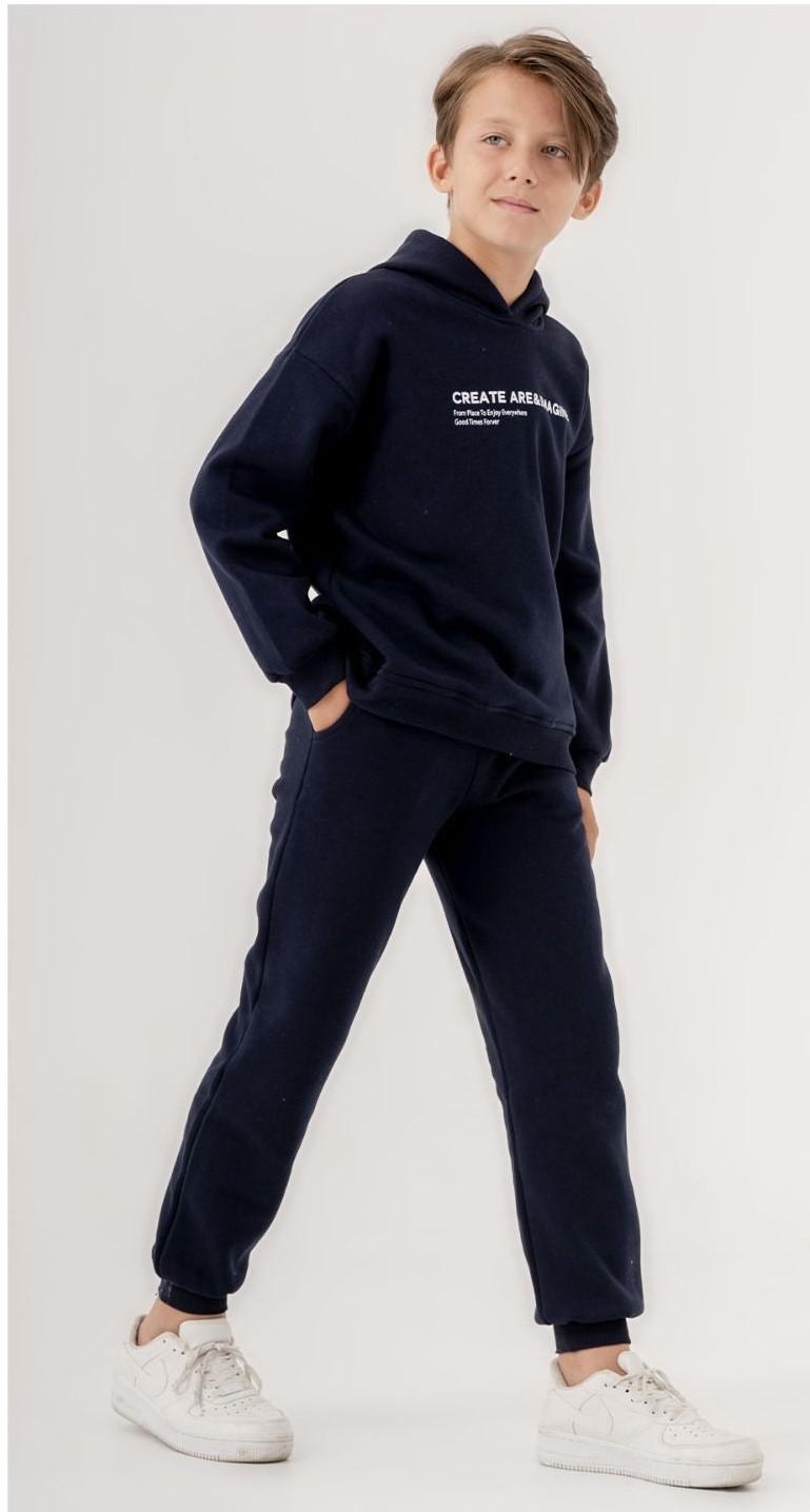 Костюм спортивний дитячий толстовка з капюшоном/штани на флісі 122 см Темно-синій (06486)