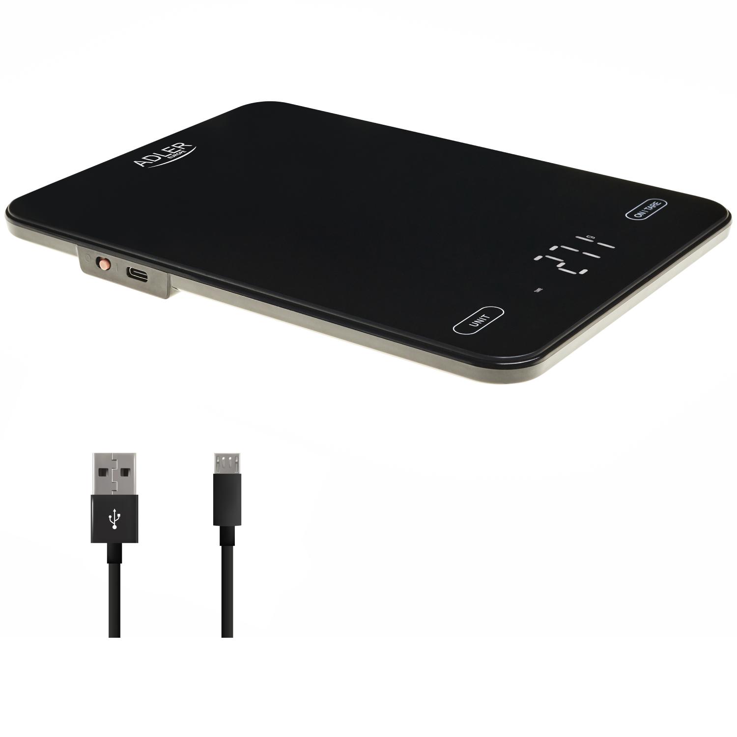 Ваги кухонні електронні Adler AD 3177 до 10 кг USB Type-C скляні з автовимкненням Black (CR3175B) - фото 3 Ваги кухонні електронні Adler AD 3177 до 10 кг USB Type-C скляні з автовимкненням Black (CR3175B) - фото 3