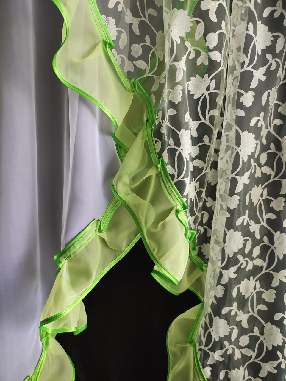 Тюль кухонна Ірис із двох частин органза та шифон 300х140 см Салатовий з білим (уо-06) - фото 3 Тюль кухонна Ірис із двох частин органза та шифон 300х140 см Салатовий з білим (уо-06) - фото 3