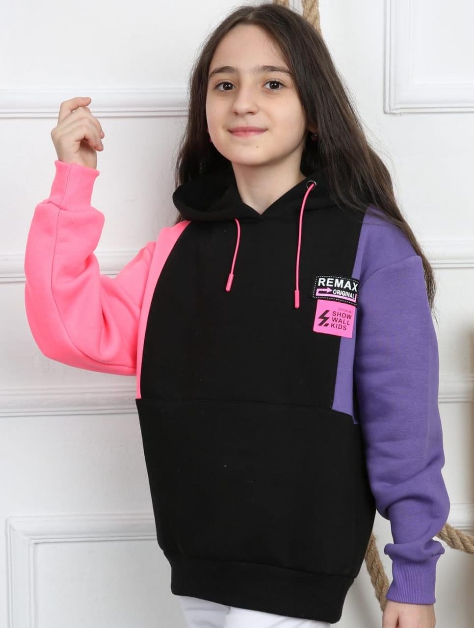 Толстовка теплая с капюшоном для девочек 146 см Черный (05740)