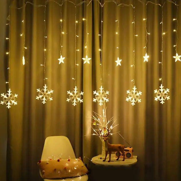 Гірлянда Сніжинки і Зірки 8 режимів світіння 138 лампочок 8,5 Вт 220 В IP 44 з тепло-білим світінням (opt-102747)