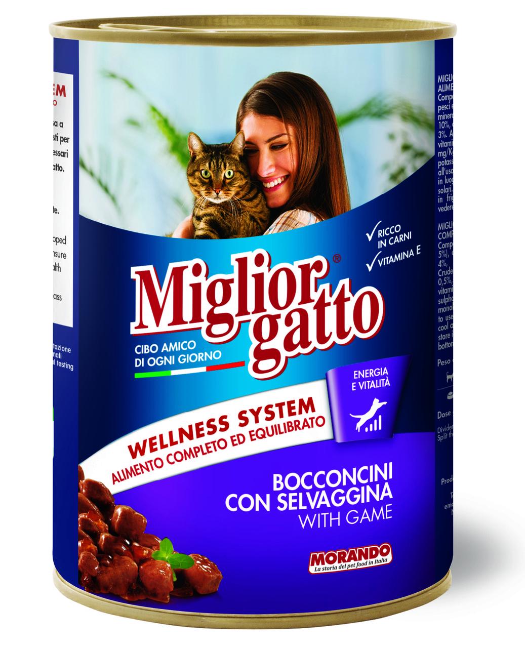 Корм влажный для взрослых кошек Migliorgatto кусочки с дичью 405 г (01213)