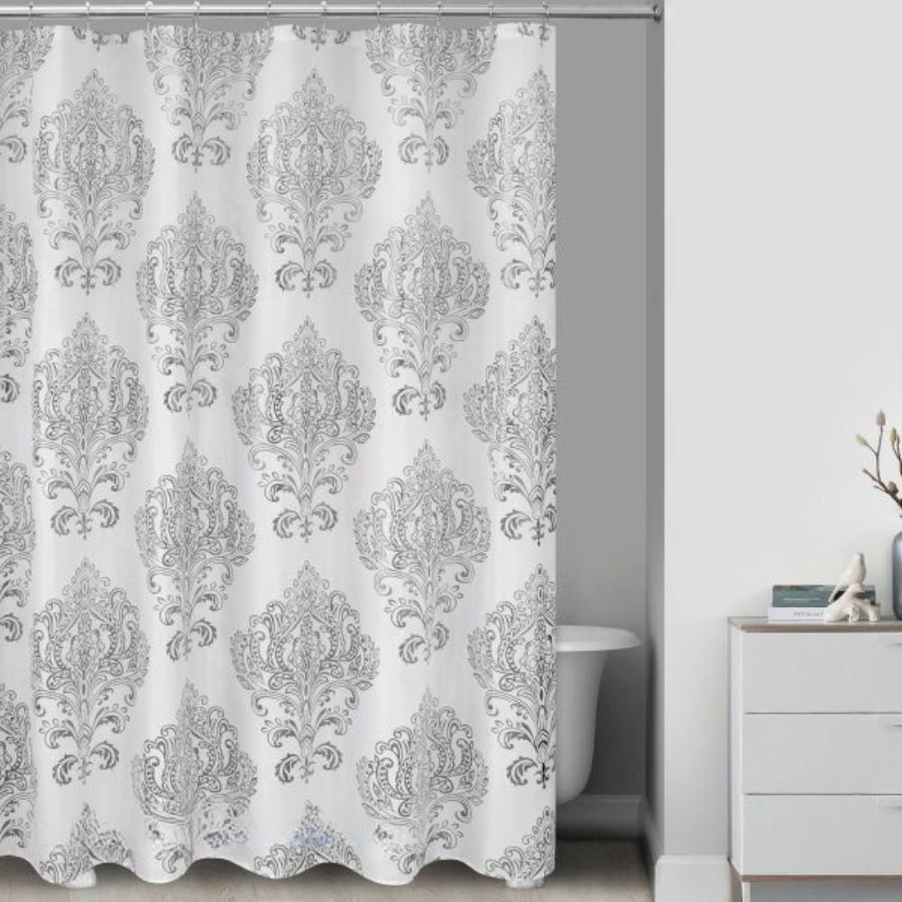 Набір шторка для ванної та душу з поліестеру з металевими гачками зі сріблястим візерунком 180x180 см Білий Набір шторка для ванної та душу з поліестеру з металевими гачками зі сріблястим візерунком 180x180 см Білий