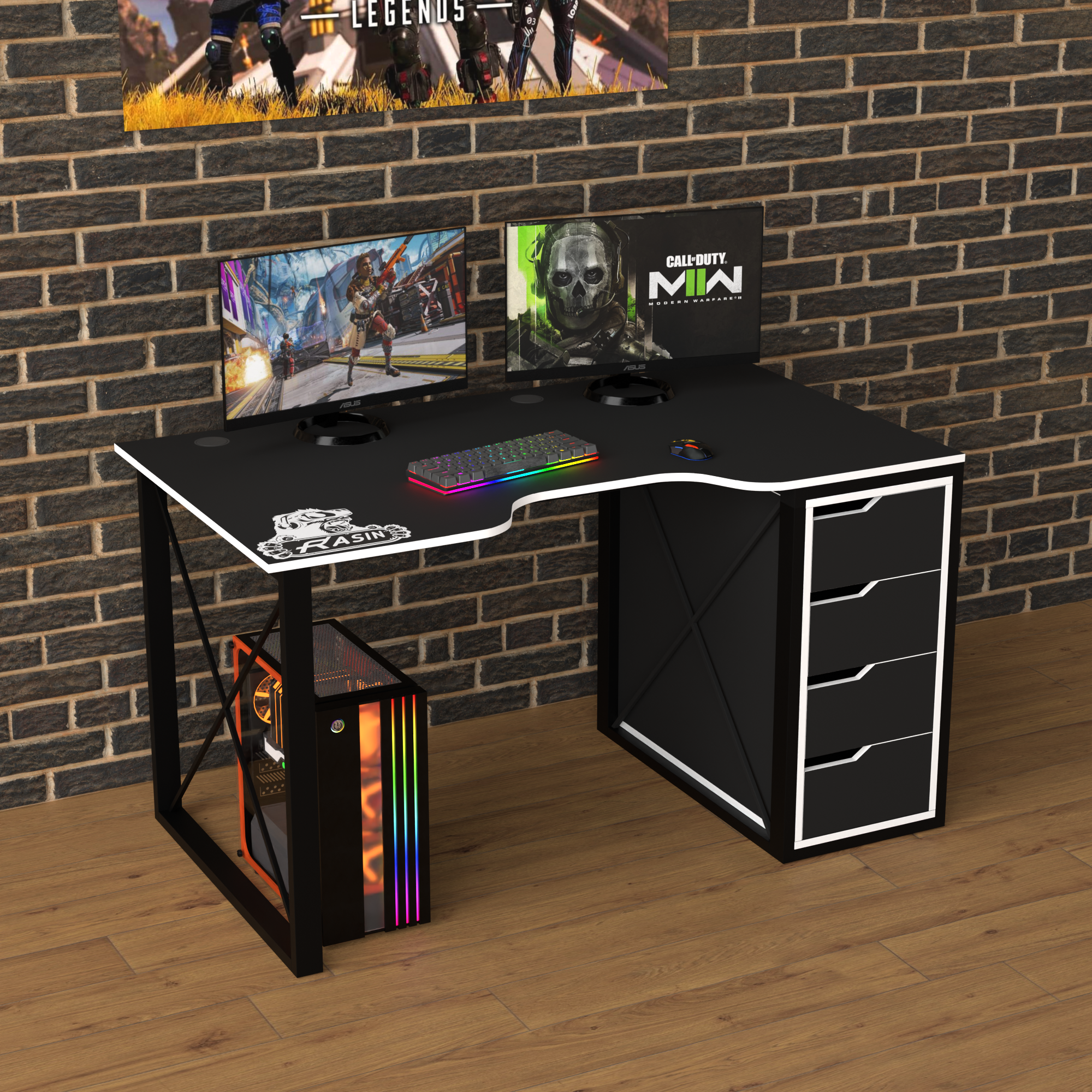 Стол геймерский эргономичный Zeus Rasin LOFT-16 Черно-белый (LOFT-16)