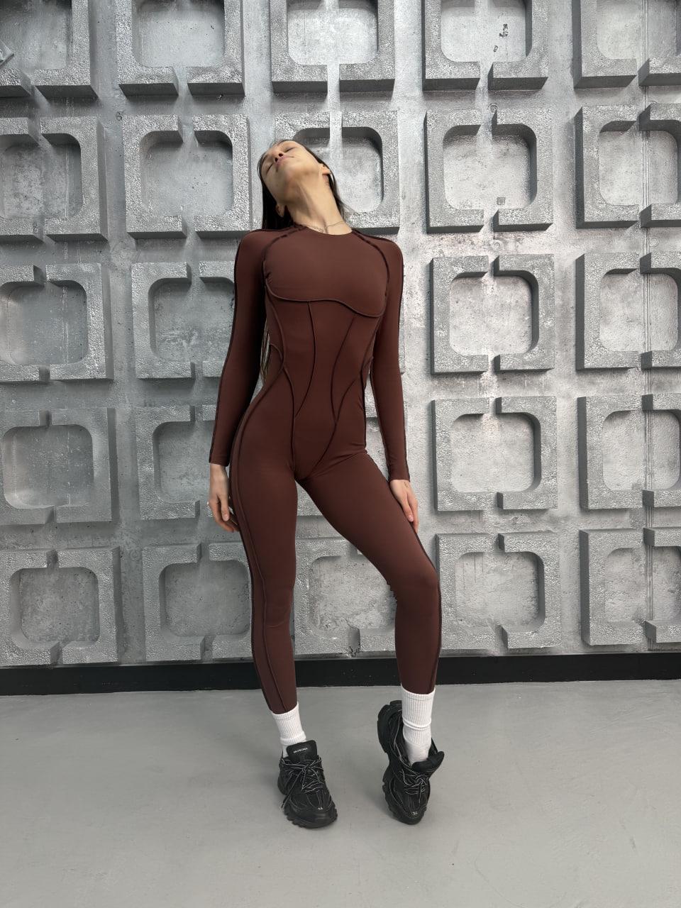 Комбинезон спортивный длинный с имитацией корсета с чашками без пуш-ап S Шоколадный (MJ06S)