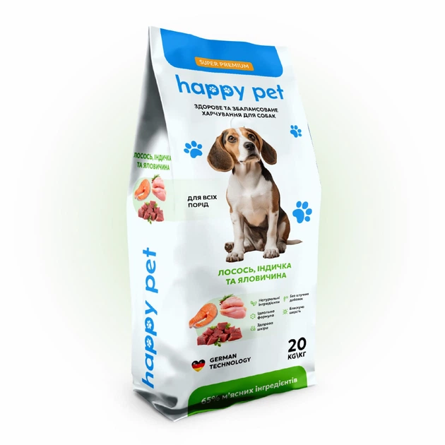 Сухой корм Happy Pet 20 кг для собак средних пород с индейкой говядиной и лососем