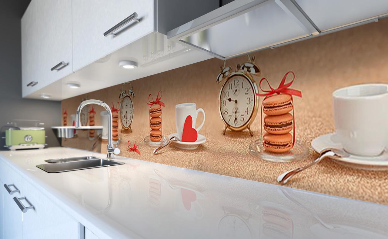 Кухонный фартук Макаруны/часы из самоклеющейся виниловой пленки 65х250 см Бежевый