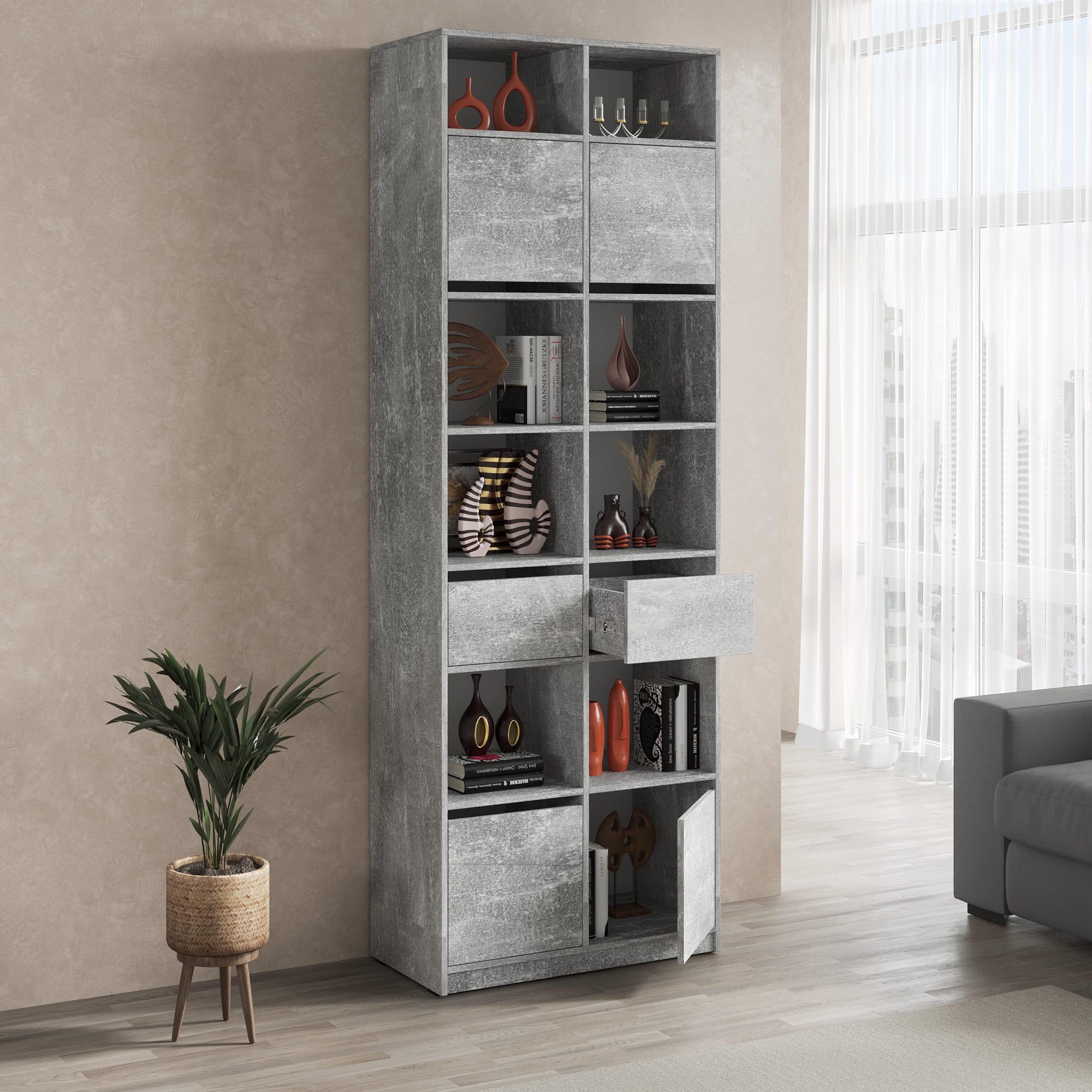 Шкаф для книг с ящиками и дверками для книг Бетон (380847)