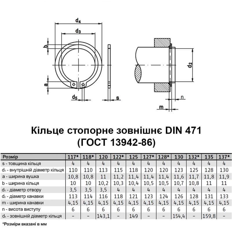 Кільце стопорне зовнішнє Metalvis DIN471 сталь без покриття ⌀ 130 мм х 4 мм 5 шт. (95PK1000095PK11300) - фото 2