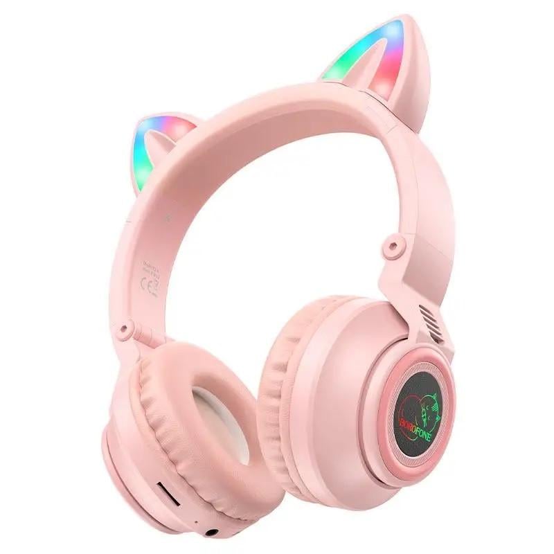 Наушники беспроводные Borofone BO18 Cat Ear с кошачьими ушками Розовый