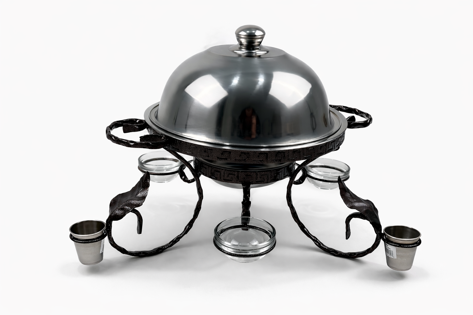 Садж для подачі шашлику з соусницями та чарками Grill Master Греція сталевий з кришкою Срібний (168-10-SJ-6591)