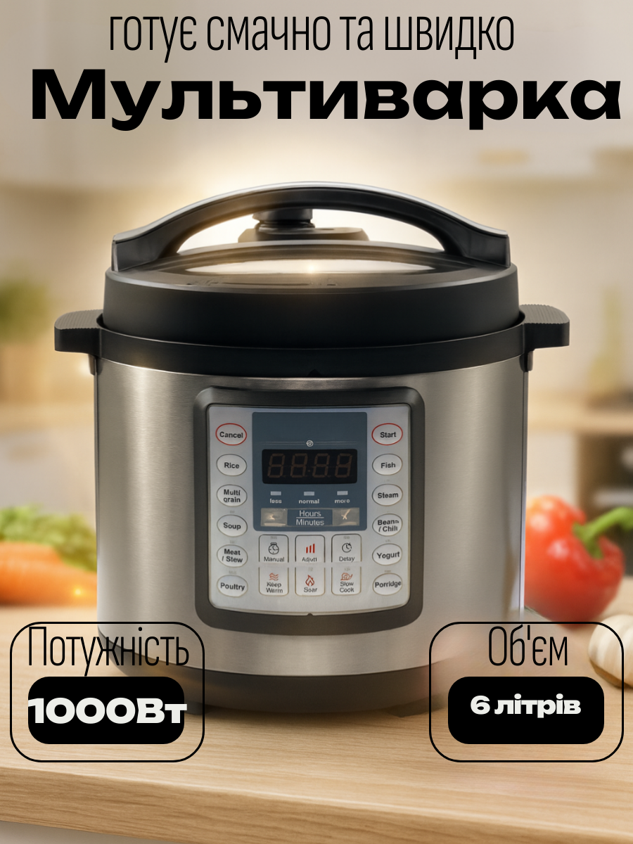 Мультиварка-скороварка с дисплеем 15 автоматических программ 6 л 1000 Вт Черный (MC6MBK) - фото 2